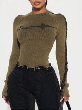Fashion Nova Olive Green Distressed Ribbed Long Sleeve Sweater